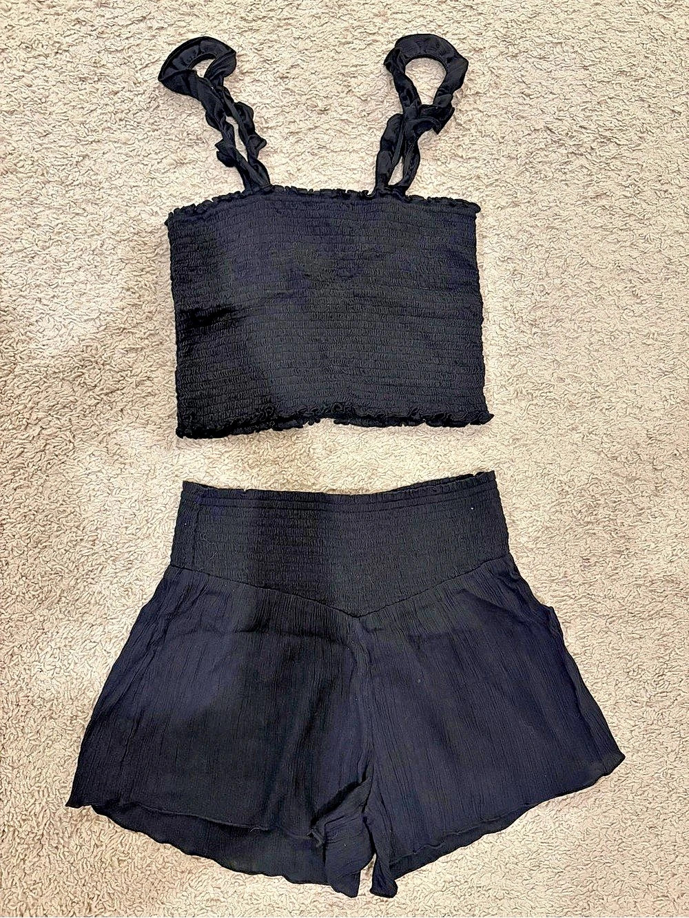 Aerie Matching Black Smocked Top & Shorts Set Size Small / Medium
